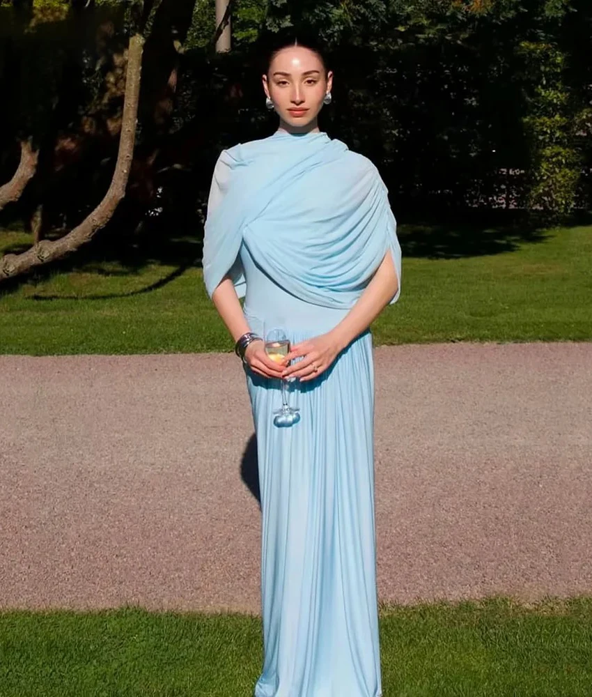 

Customized Temperament Chiffon Straight Evening Dress Delicate Half Sleeves High Collar Floor Length Special Occasion Gowns