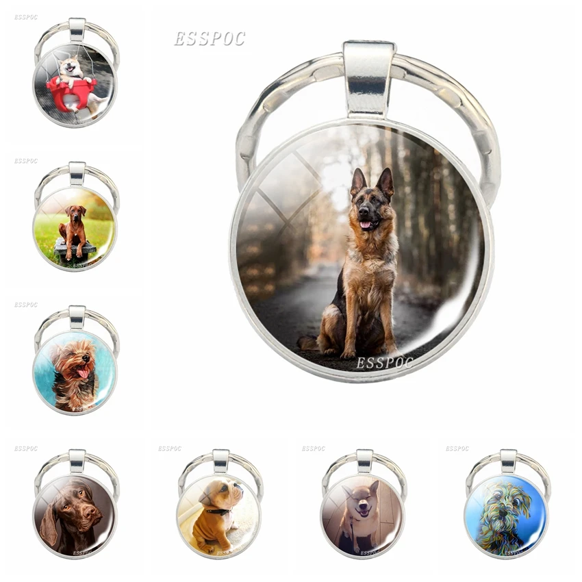 German Shepherd Shiba Inu Keychain Glass Cabochon Fashion Key Ring Cute Dog Pendant Jewelry Gifts for Dogs and Animal Lovers