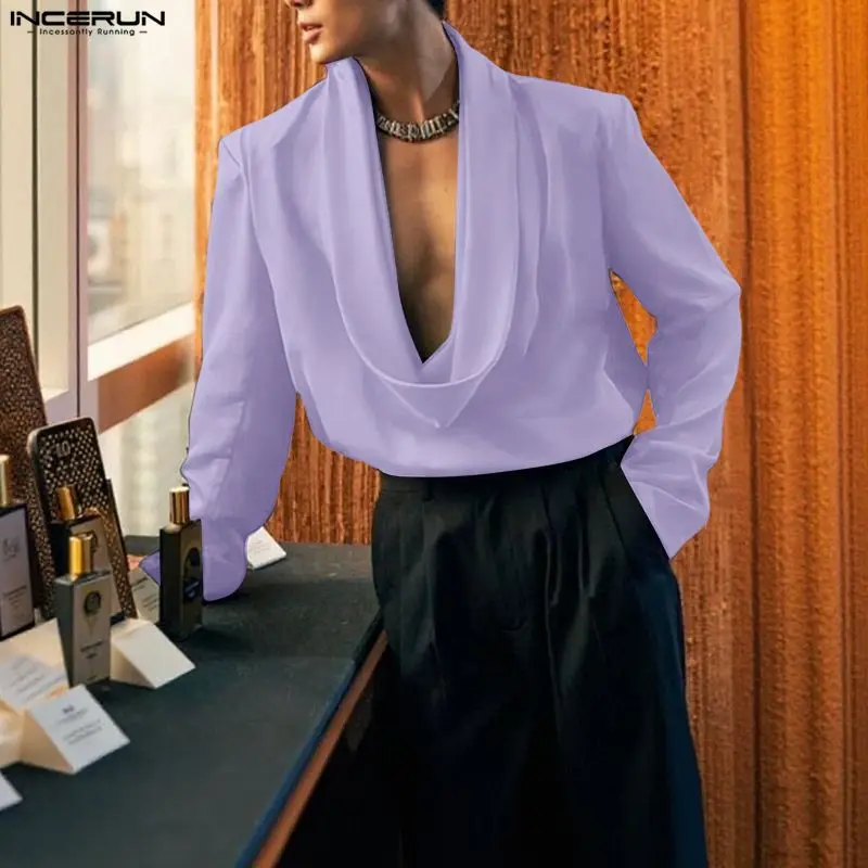 

Мужская рубашка INCERUN, однотонная, с длинным рукавом, свободного кроя, повседневная, уличная одежда, модные топы для отдыха 2026, мужские рубашки-камисас