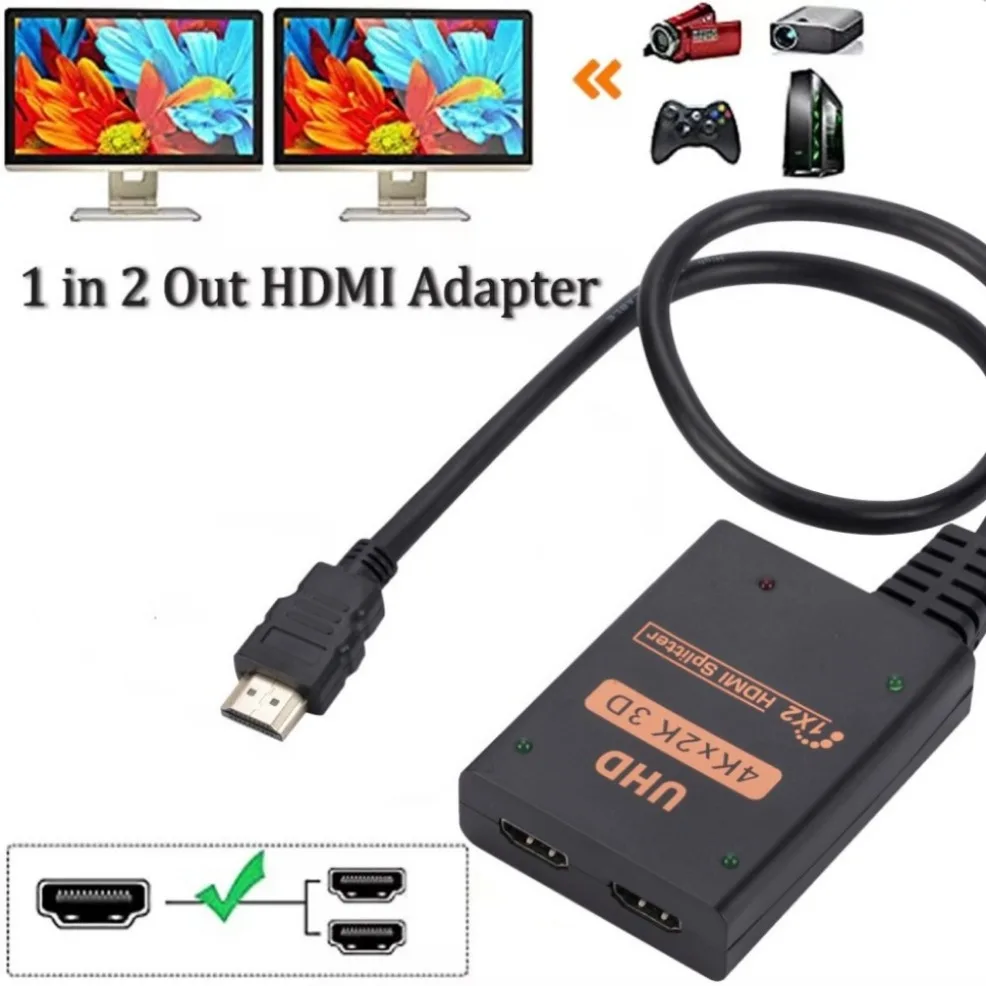 Pemisah HDMI 4K, Distributor Video 1 in 2 Out, tampilan ganda 1x2 untuk kotak HDMI Monitor PC proyektor Laptop