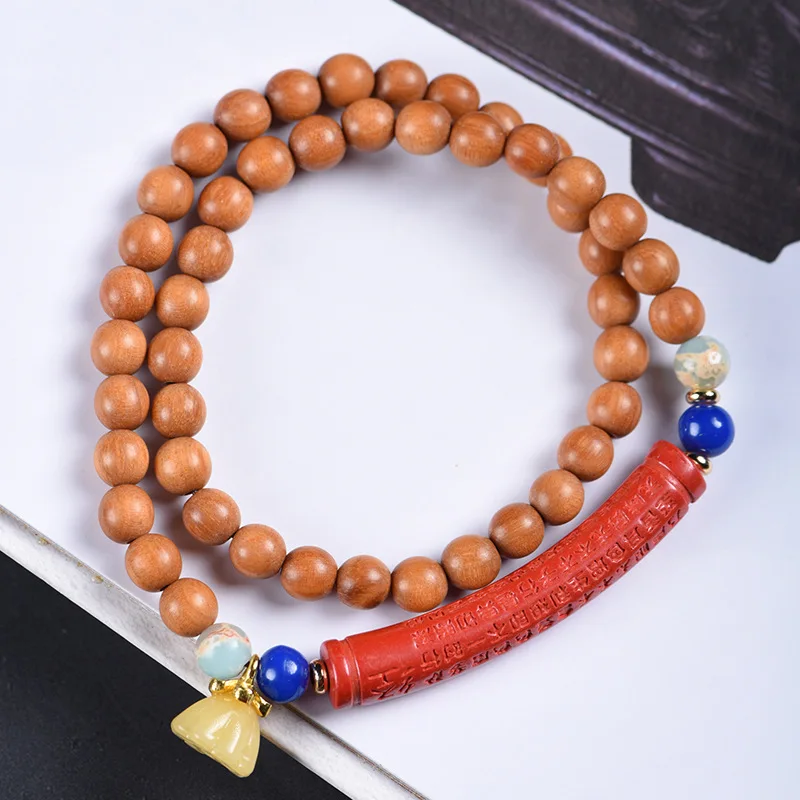 Natural Green Sandalwood Double Circle Heart Sutra DIY Accessory Cultural Bracelet Unisex Buddhist Beads Jewelry