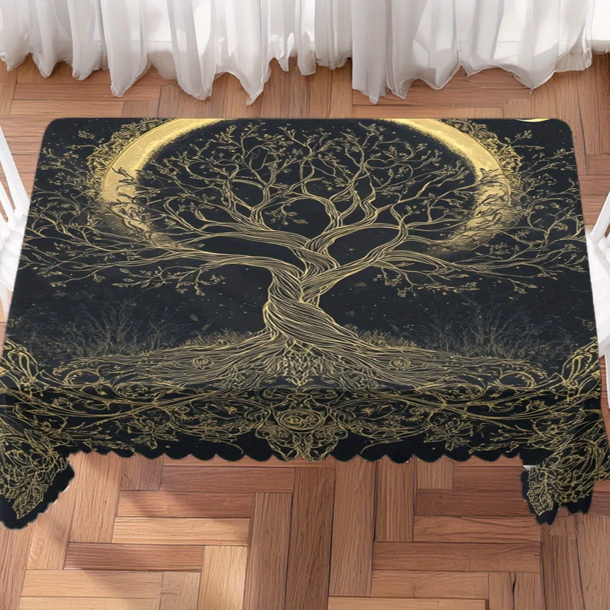 Golden Line Tree of Life Crescent Moon Waterproof Tablecloth, Rectangular Cover for Home Dining Mystic Wicca Themed Party Decor