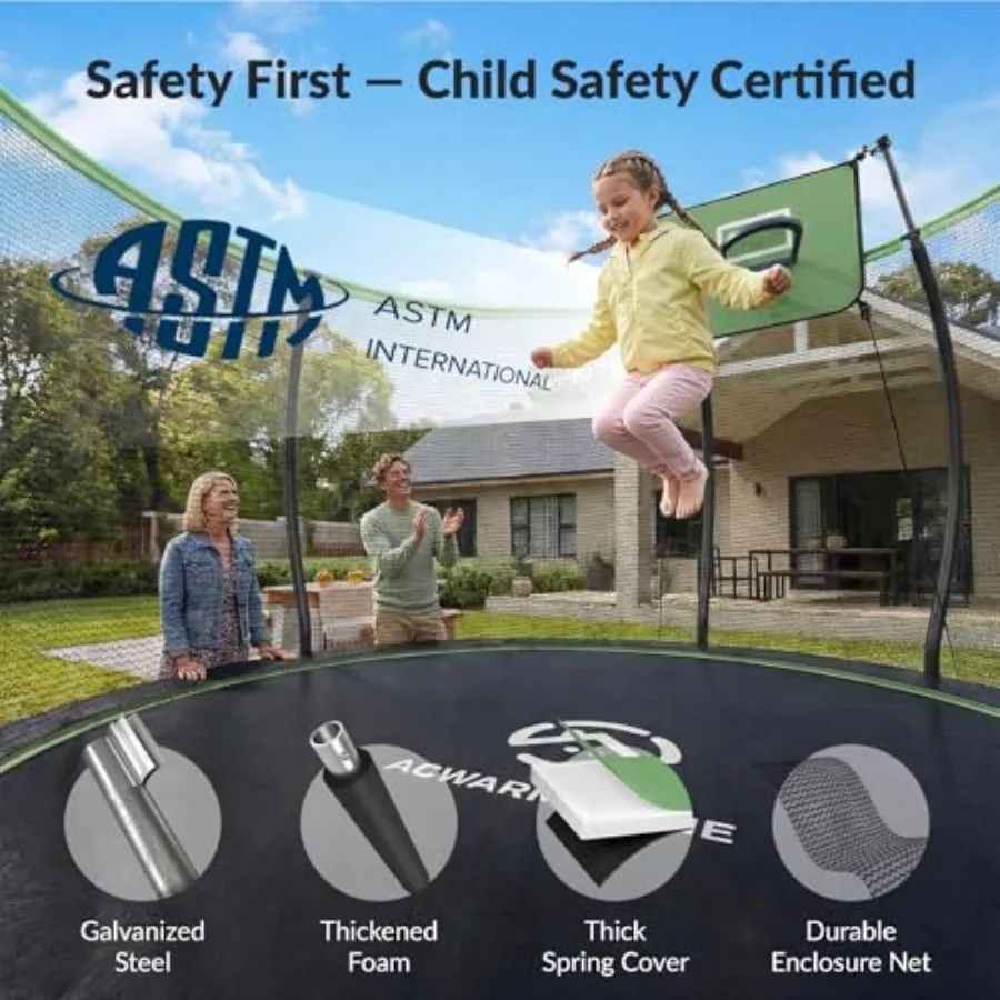 Outdoor trampoline for backyard recreation galvanized steel frame with anti-rust coating black enclosure net and non-slip ladde