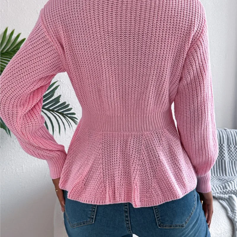 Suéter Feminino com Babados na Cintura, Casual de Primavera, Manga Longa, Pulôver com Manga Lanterninha