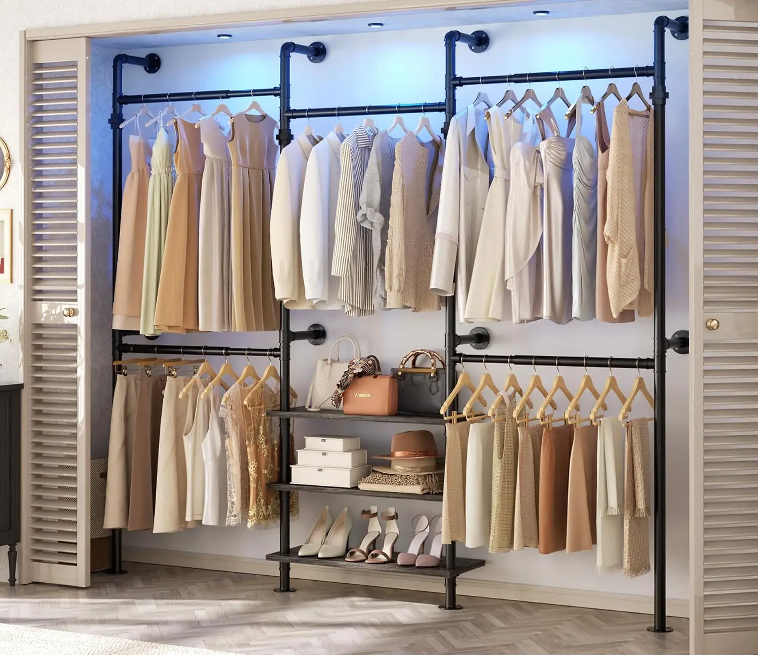 Expandable Industrial Pipe Clothing Rack 7.3-10.9Ft Closet System, Customized