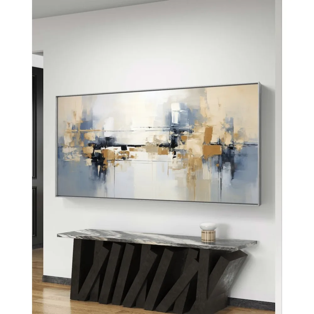 

Original Minimalist Textured Oil Painting, Frameless Hand Abstract Blue and Gold Oil Painting for Living Room and Hotel Decor