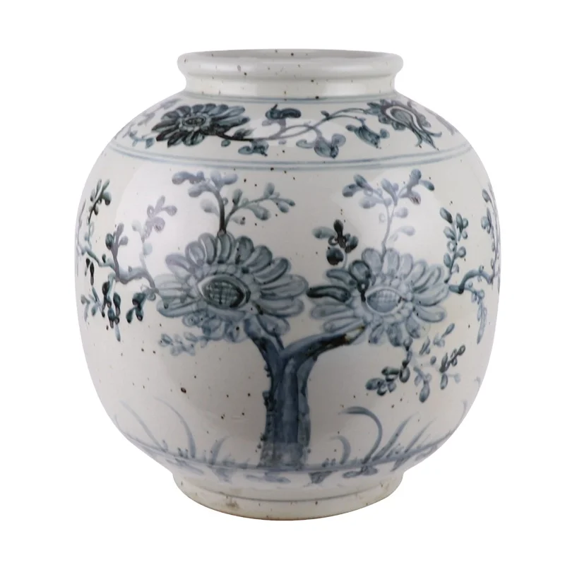 Jingdezhen Antique Style Blue and White Sunflower Pattern Handpainted Ceramic Urn Vases Pot Decorations