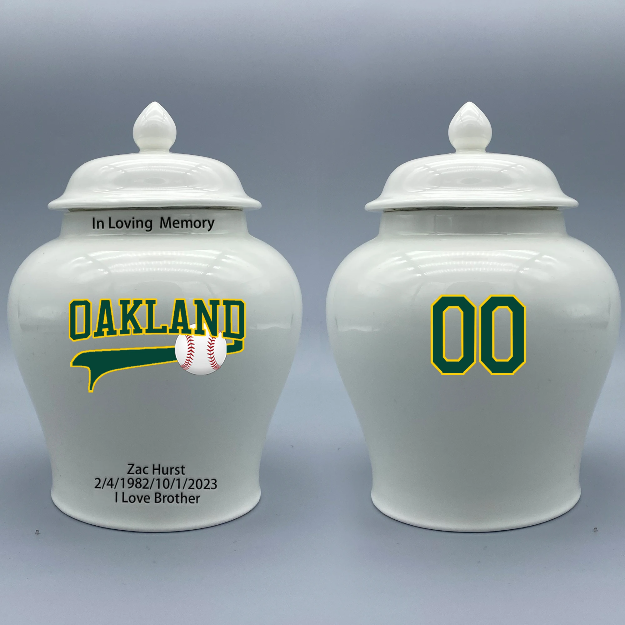 

Medium Urn for Oakland Athletics-themed Logo Urn.Please send me the customize information-name/date and number on the urn