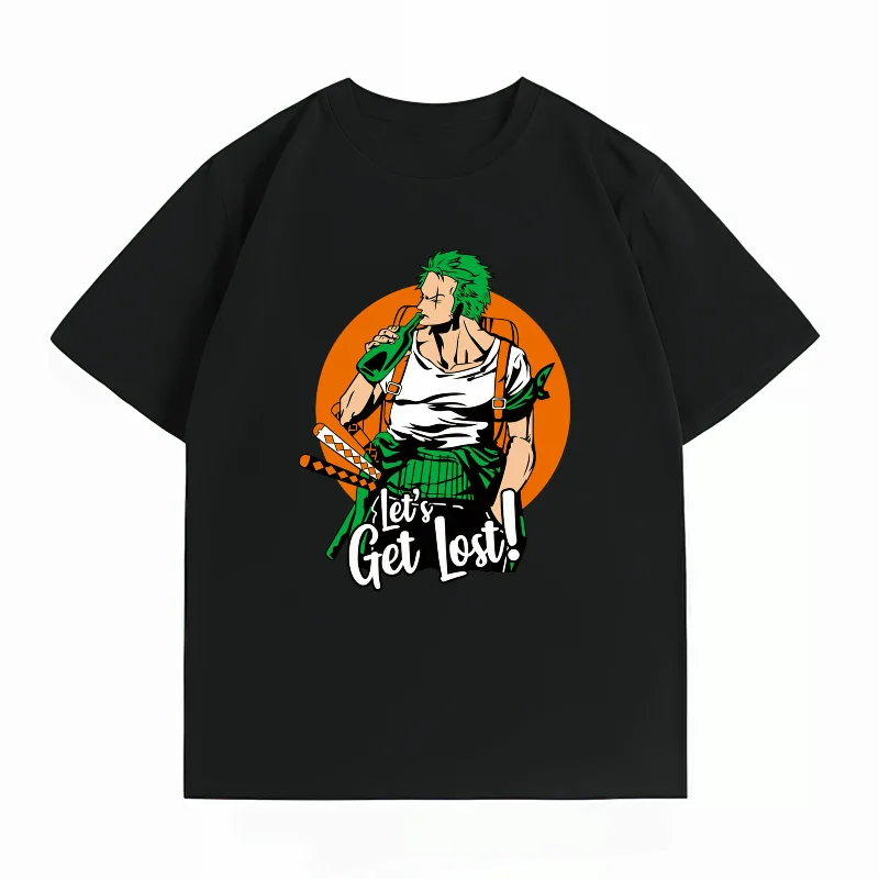 Bandai One Piece Roronoa Zoro Drinking Print T-shirt Casual Short Sleeve Cotton Anime Streetwear Men's T-shirt