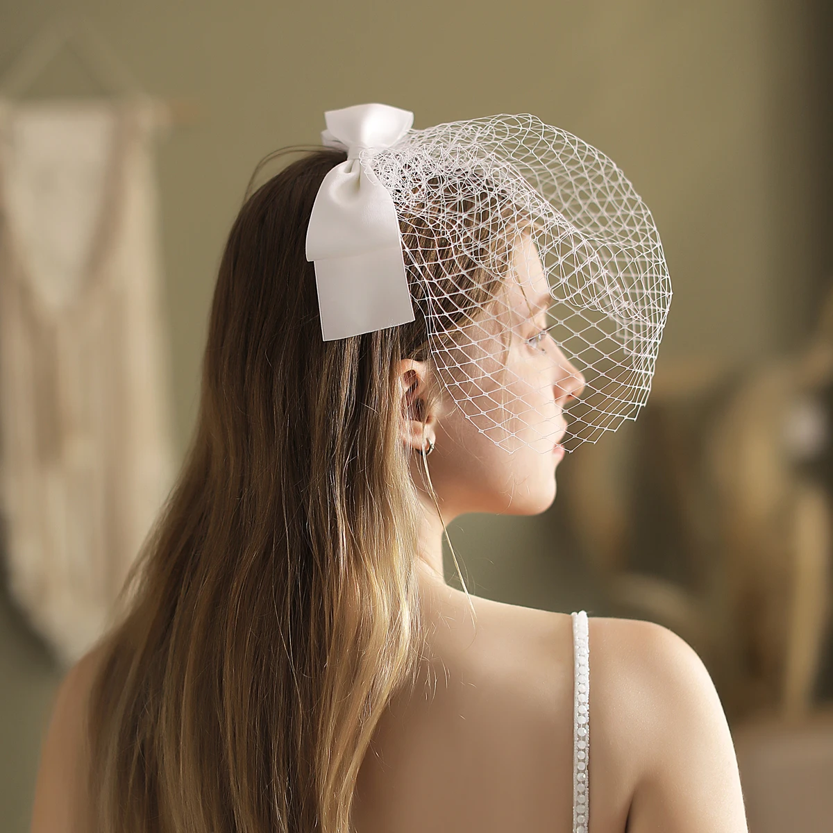 V803 Short White Bridal Veils Handmade Satin Bow Net Headdress Wedding Veil for Women Pageant Prom Parties