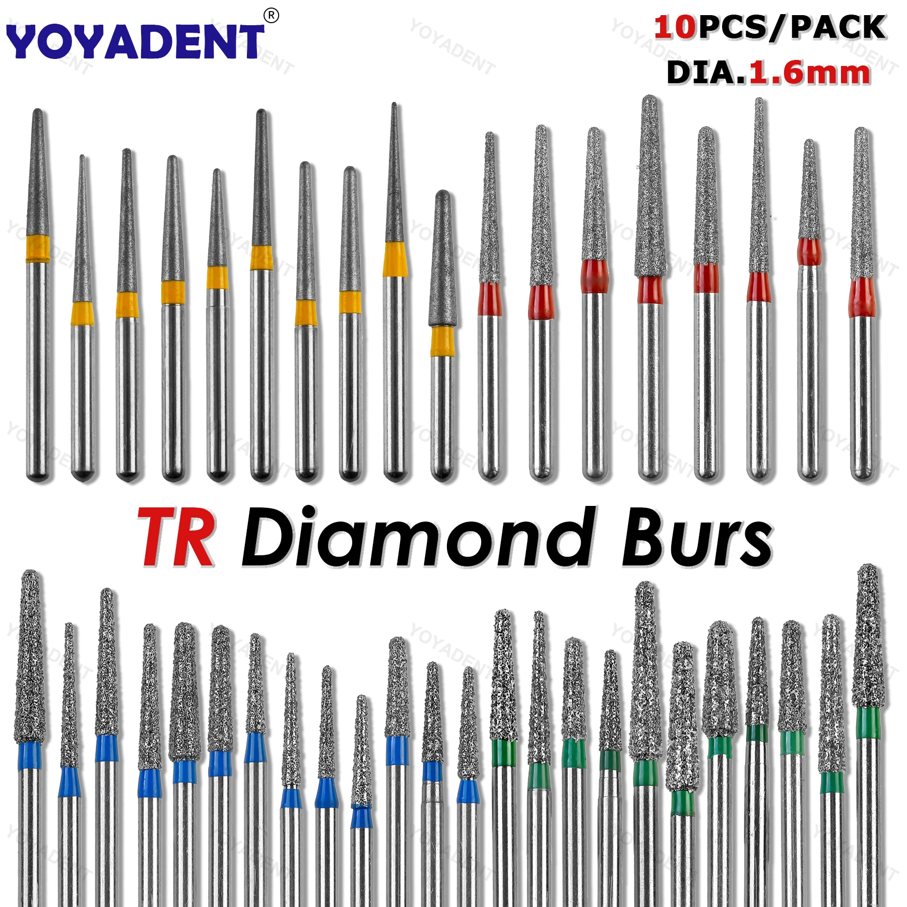 Diamond Burs Taper Round TR Type High Speed Turbines Burs Fine/Extra Fine/Coarse/Standard Dia.1.6mm 10Pcs/Pack Dental Products