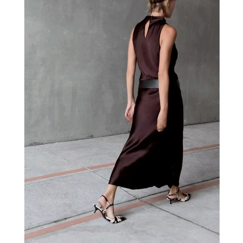 Wiosenna nowość: damska spódnica midi z satyny jedwabnej Ne Svel, okrągły dekolt, wysoki stan, elegancka, do pracy, długa, pojedynczy element.