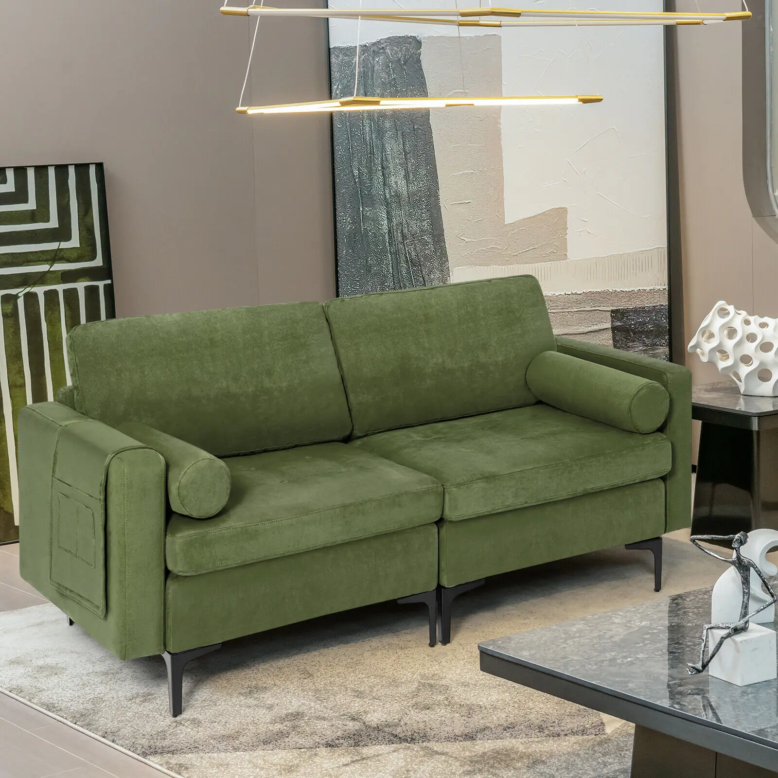 Costway Modern Loveseat 2-Seat Sofa Couch with 2 Bolsters & Metal Legs for Living Room