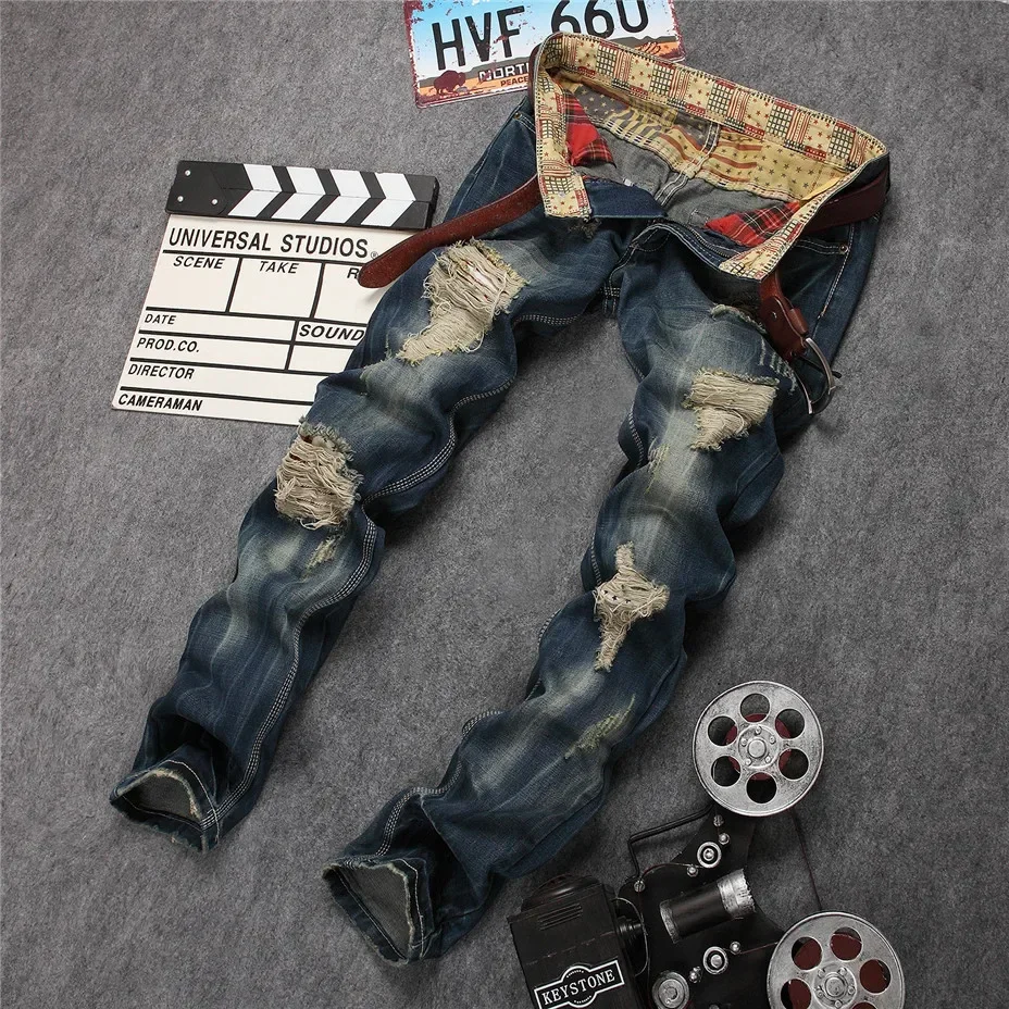 Original brand men's denim pants Men Biker Cowboy Trousers Hip Hop Jeans Broken Fashion New Design straight ripped Jeans Cotton