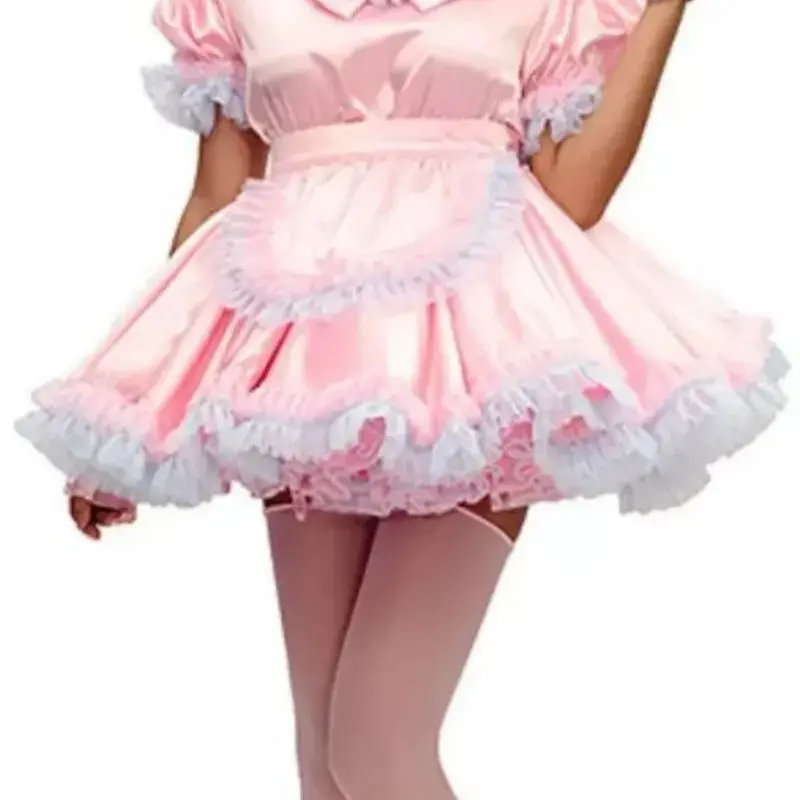 Новое сексуальное розовое атласное платье с короткими рукавами и кружевной юбкой с рюшами и подолом, карнавальный костюм горничной для девочек на заказ