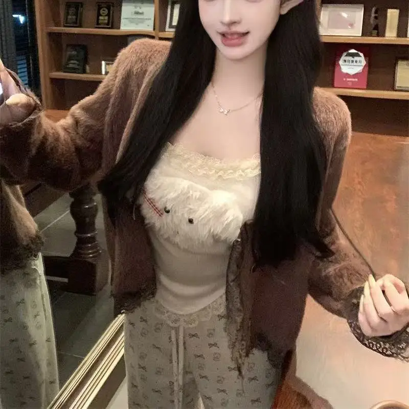 New Korean Version Sweet Three Piece set With Atmosphere, Plush Cardigan for Slimming Effect, Inner Strap Vest, Casual Pants Set