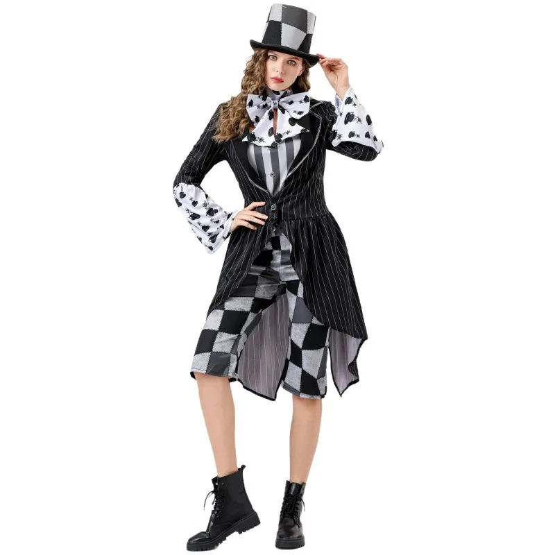 Disfraz de Sombrerero Loco para Mujer, Conjunto de Frac a Cuadros, Chaleco, Corbata de Moño y Sombrero de Copa de Alicia en el País de las Maravillas, para Halloween y Actuaciones Escénicas