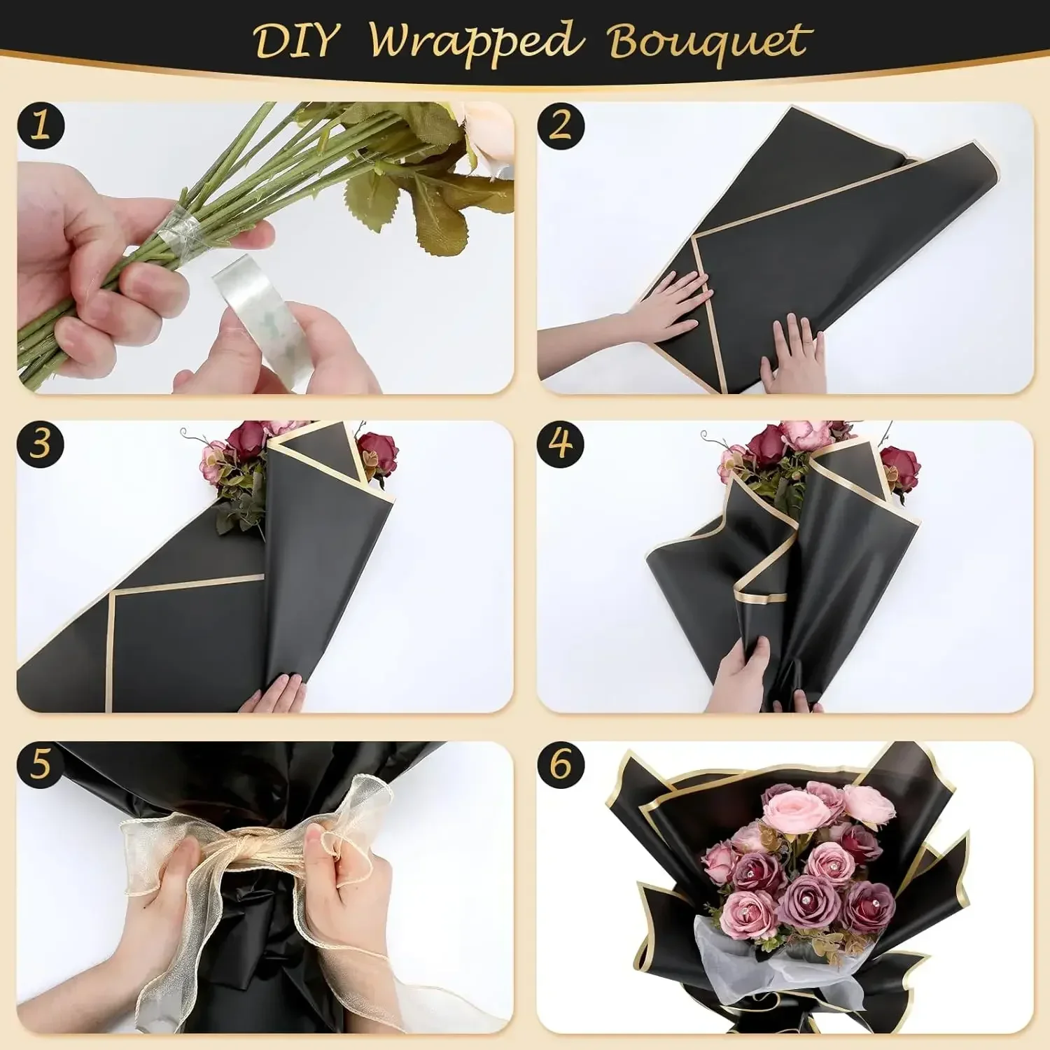 20 Sheets Flower Wrapping Paper Golden Border Rose Korean Style Half Transparent Gift Packing Florist Bouquet Wrapping Material