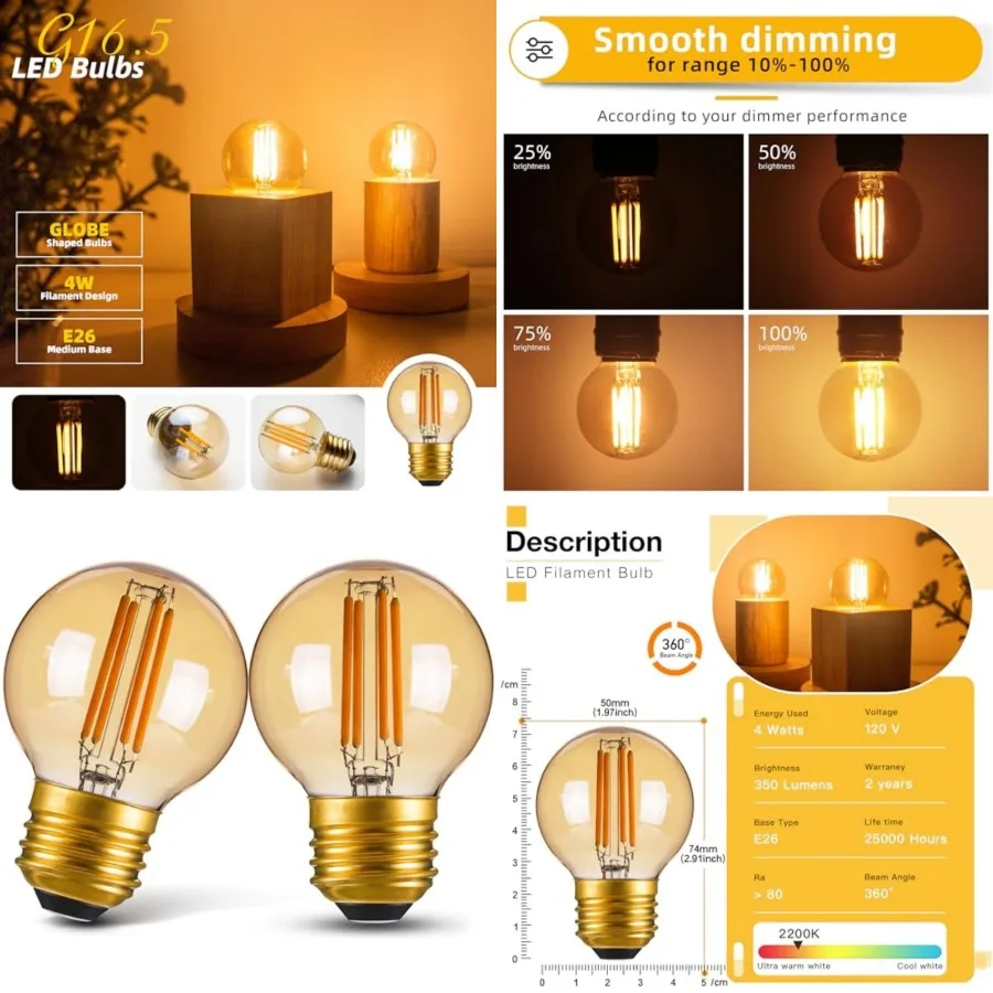 

Dimmable LED Bulb Vintage Small Edison Light Bulb 40 Watt Equal, G16.5 Antique Globe Filament Decorative Light Bulbs for Ceilin