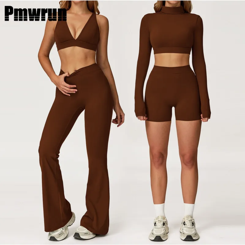 

PMWRUN Yoga Sets Women Short Sleeve Shirt Workout Tank Top Elastic High Waist Fitness Leggings Sport Suit Gym Running Clothes