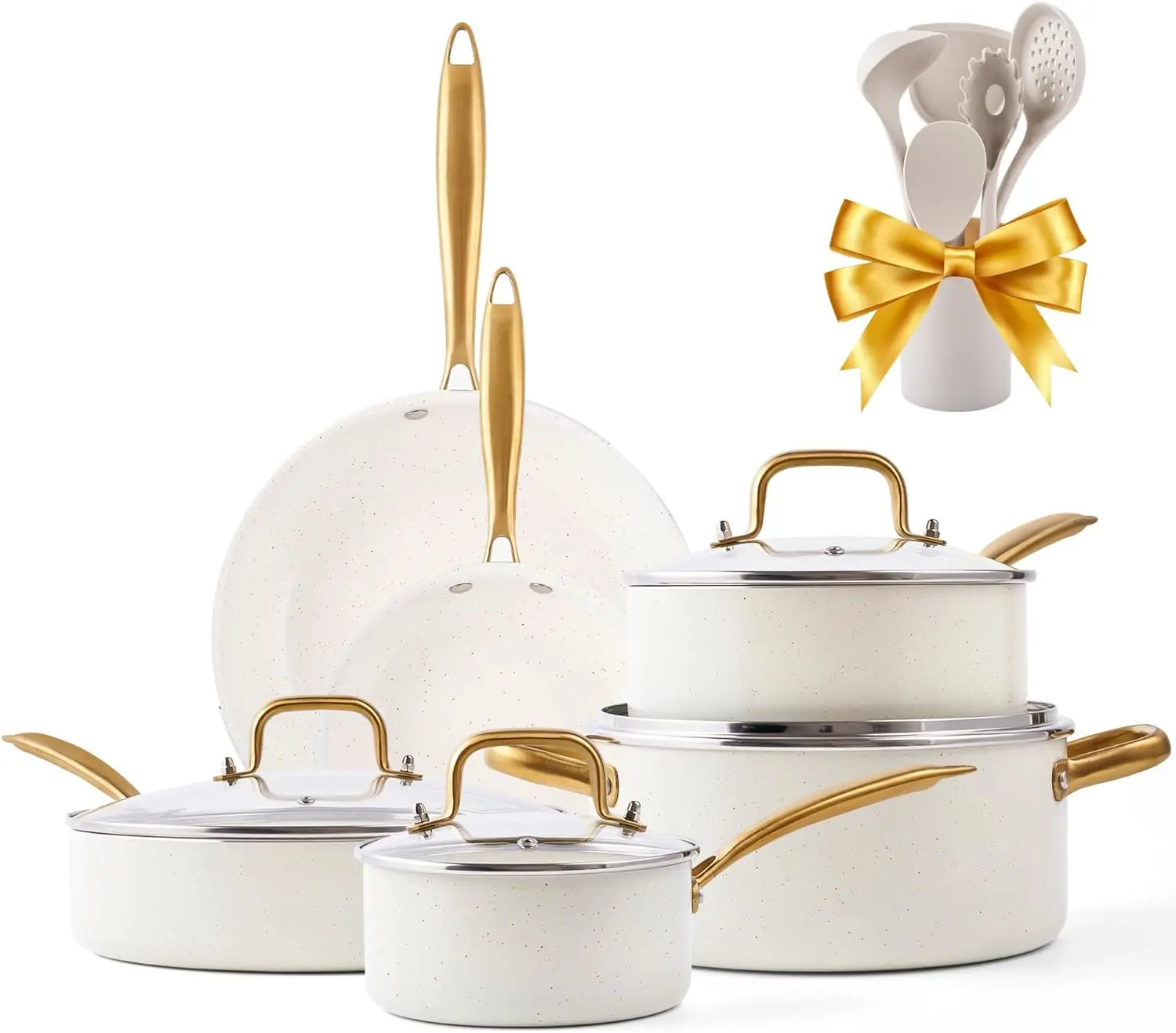 With Dutch Oven, Frying Pan Set, Saucepan, Sauté Pan, Cooking Utensils Set, White Gold Pans for Cooking Pot Set Gifts