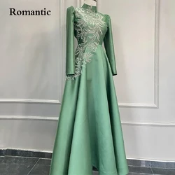 Robe de soirée de style marocain, tenue de bal longue, romantique, verte, col haut, manches longues, avec des Appliques, arabie saoudite, dubaï