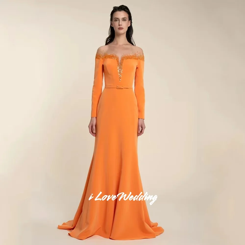 

Orange O-Neck Mermaid Long Sleeve Beaded Belt Prom Dress Button Backless Floor-Length Party Dress Sweep Train Pleated Customized