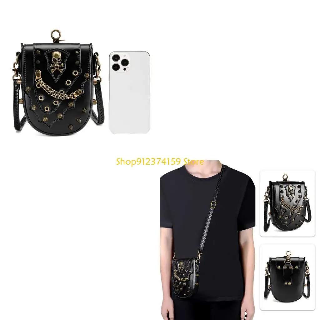 

G5AE Punk Black Crossbody Bag for Girls Small Leather Shoulder Bag Gothic Waist Purse for Travel and Shopping