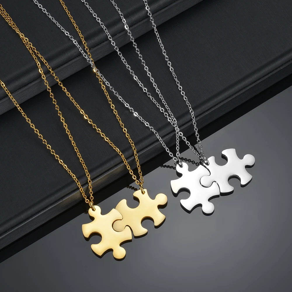 Bluelory Customized Lovers Puzzle Name Necklace For Women Men Girlfriend Boyfriend Gold Stainless Steel Couple Jewelry Gift