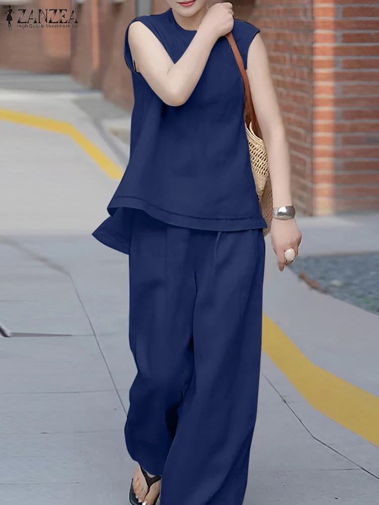 

ZANZEA Fashion Casual 2 Piece Pant Sets Women O-Neck Lace-Insert Hem Sleeveless Blouses 2025 Summer Wide Leg Pants 2PCS Outfits