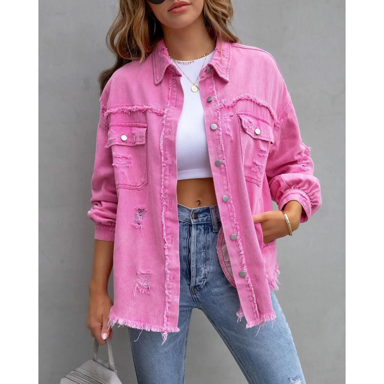 Women's Fringed Color Single-Breasted Washed Denim Shirt Long Sleeve Pure Color Short Outerwear Autumn 2023 Fashion
