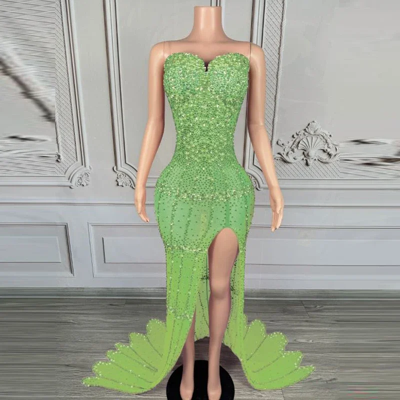 Women Evening Tailed Dresses Full Rhinestones Party Dress Singer Catwalk Outfit Festival Costumes Stage Wear