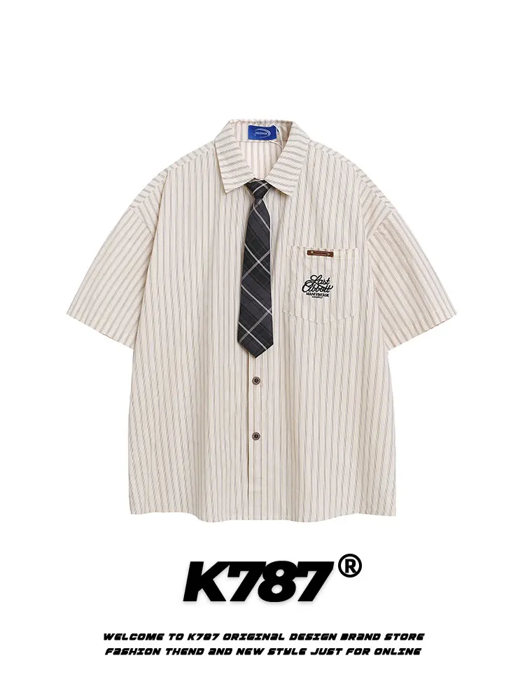 

K787 American Retro Striped Tie College Sle ort Sve irt ex Streetwear Versatile Summer Open Cardigan f Sve