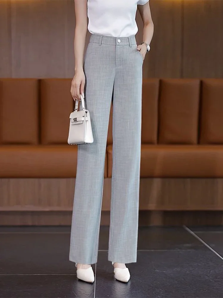 Proste Spodnie garniturowe z wysokim stanem lodowy jedwab biuro klasyczne pantalony nowe kobiety Korea Casual wiosenna letnie Spodnie eleganckie kalki — zdjęcie 2