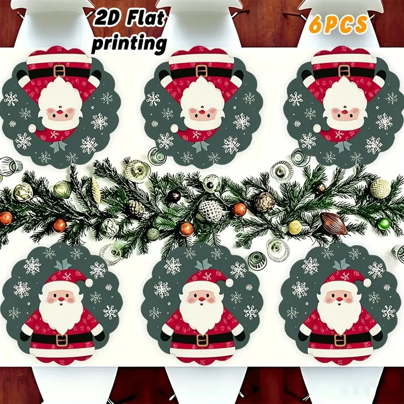 VIKAMA Linen Round Placemats, Retro Santa Snowflake Design, Washable Stain Resistant Easy Clean, Holiday Table