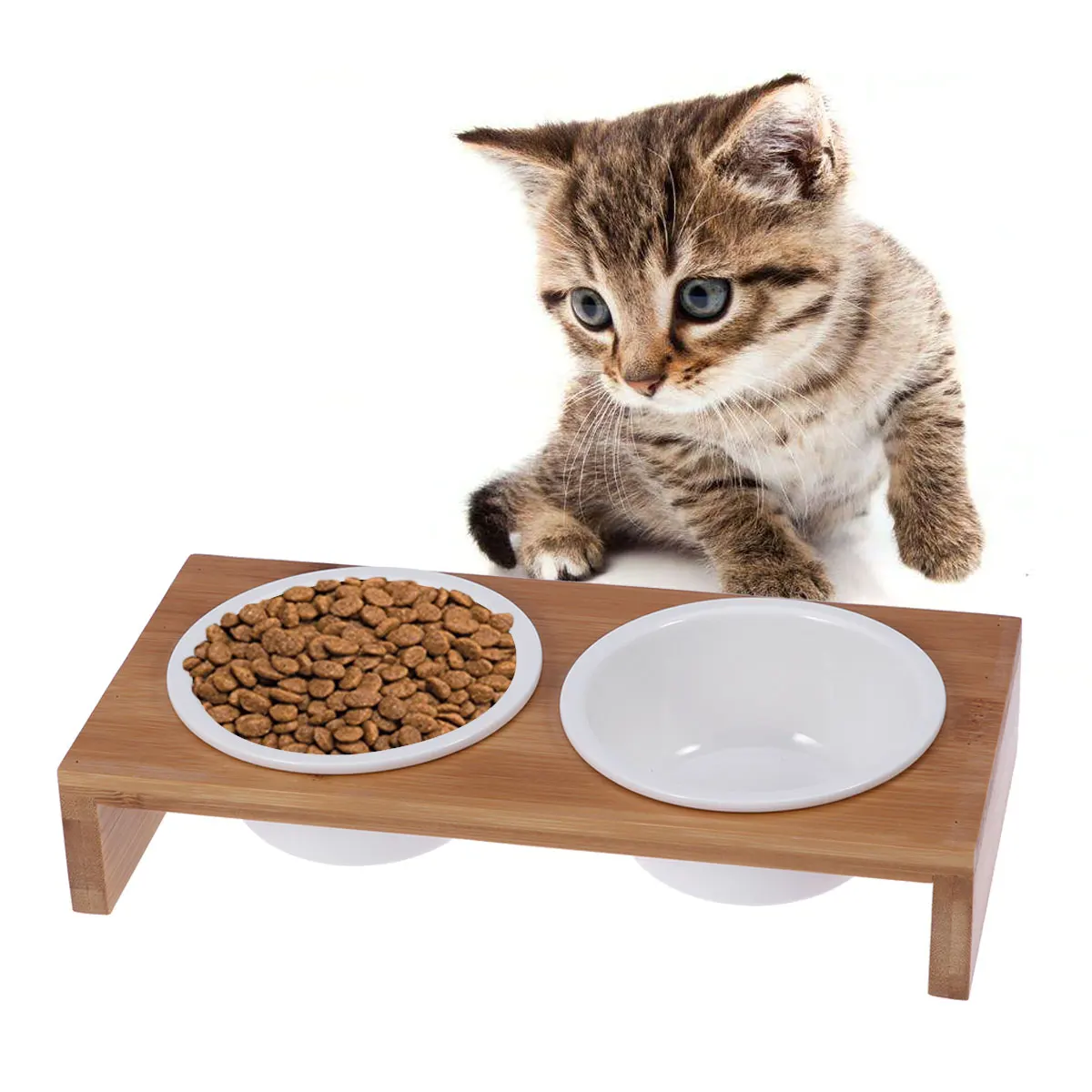

Dual Ceramic Pet Bowl Bamboo Base Nonskid Dual Dog Food Water Feeder Durable Easy Feeding Bowls Random Style
