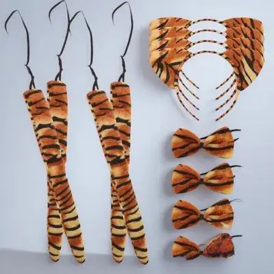 

4 комплекта: Обручи для волос с тигровыми ушками, бантом и хвостом – аксессуар для костюма, легко надеваемые, для Хэллоуина, косплея, танцев, сценических выступлений