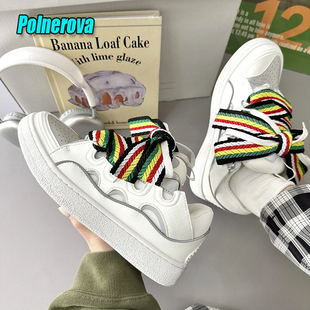 Black White Mixed Colors Couple Casual Sneakers Novelly Reflective Thick Sole Lace-Up Walking Shoes Breathable Women Men Shoes