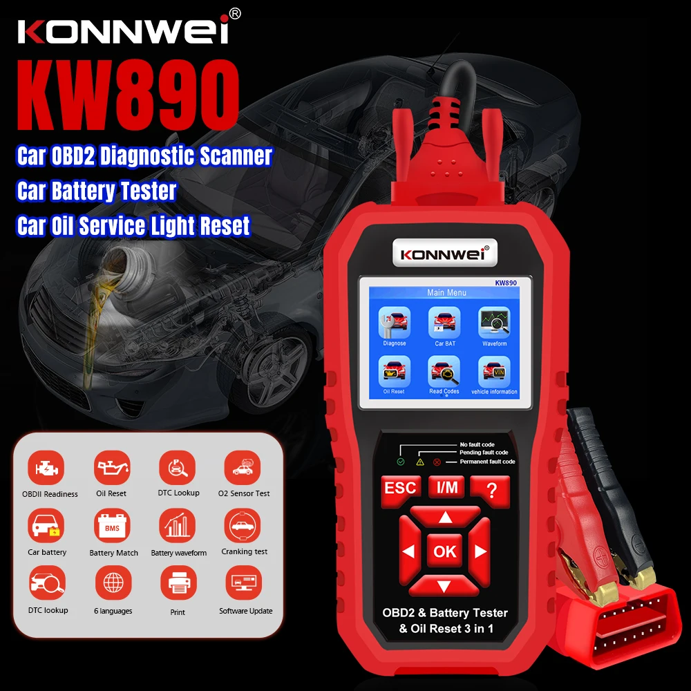 KONNWEI KW890 OBD2 Scanner Battery Tester Oil Reset Diagnose Tools 3in1 Car Professional Engine Check Automotive Code Reader