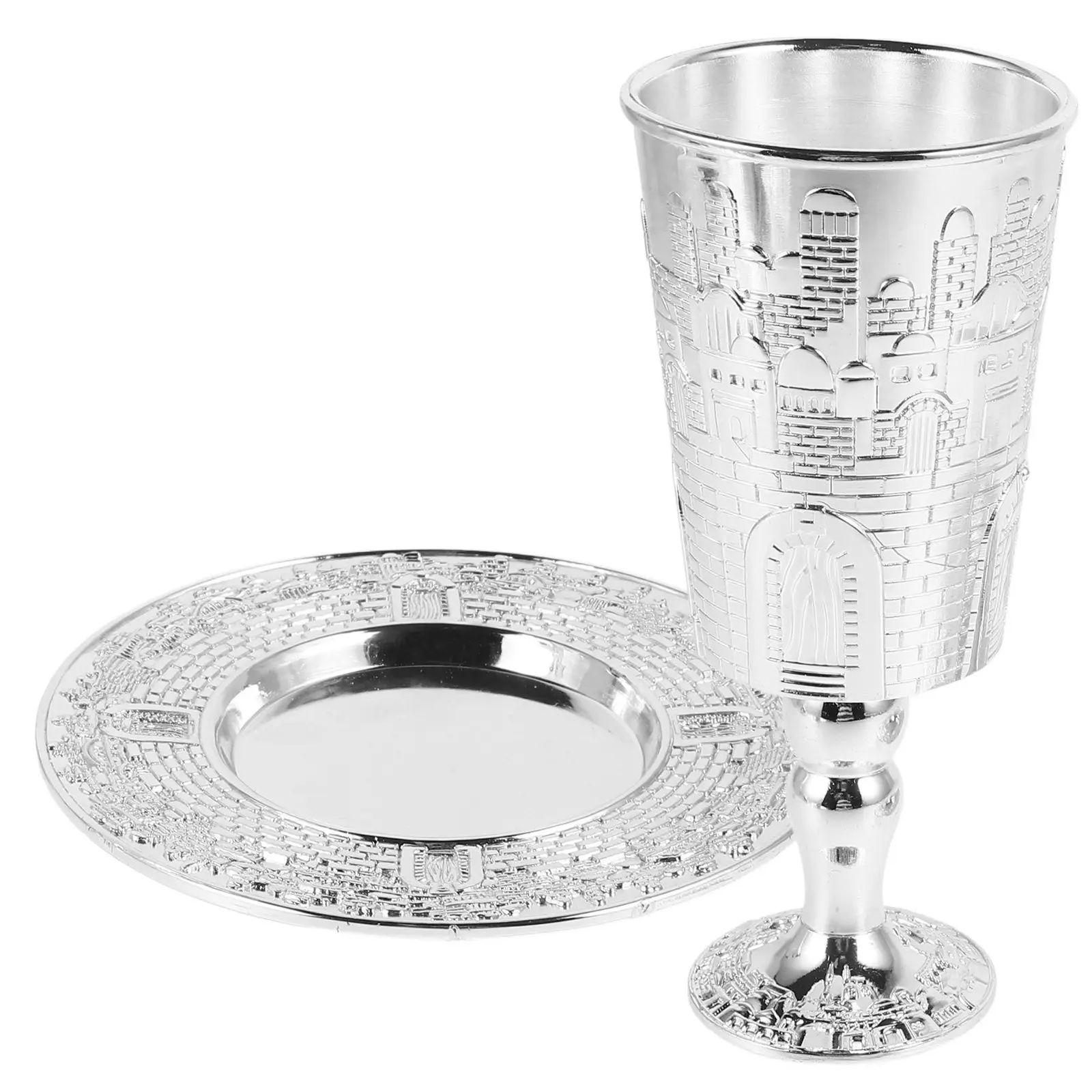 1Set Kiddush Cup Set Zinc Alloy Judaica Shabbat Holiday Metal Wine Cup Offering Supplies with Saucer Shabbat Holiday Decorations