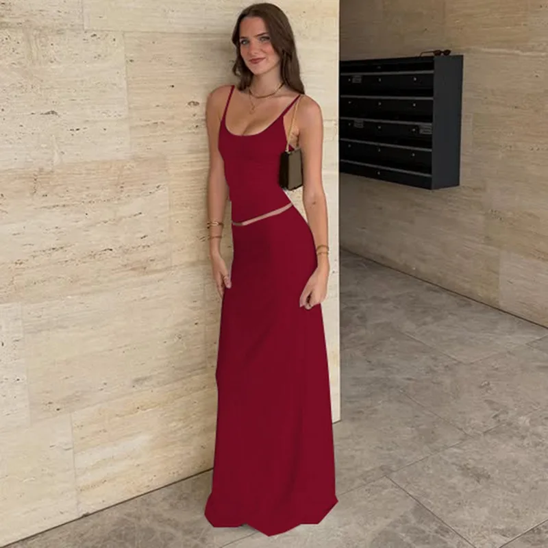 Typhaland Women's Sexy Dress Set Two Piece Set Spaghetti Strap Backless Crop Top Maxi Skirt High Waist Slim Evening Party Suit