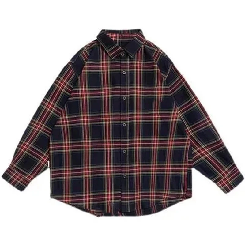 Vintage Plaid Shirts Women Harajuku Oversized Long Sleeve Blouses Summer Streetwear Korean Single Breasted Loose Casual Tops New