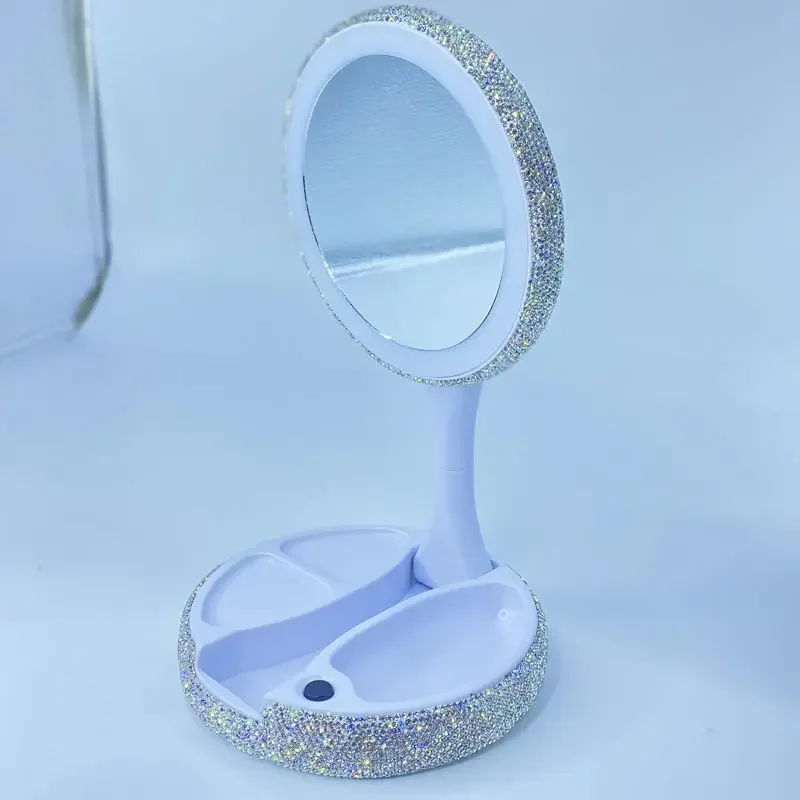 Rhinestone Portable Makeup Mirror Desktop Double-sided Mirror Beauty Salon LEDLight Chargeable Rotatable Folding Cosmetic Mirror