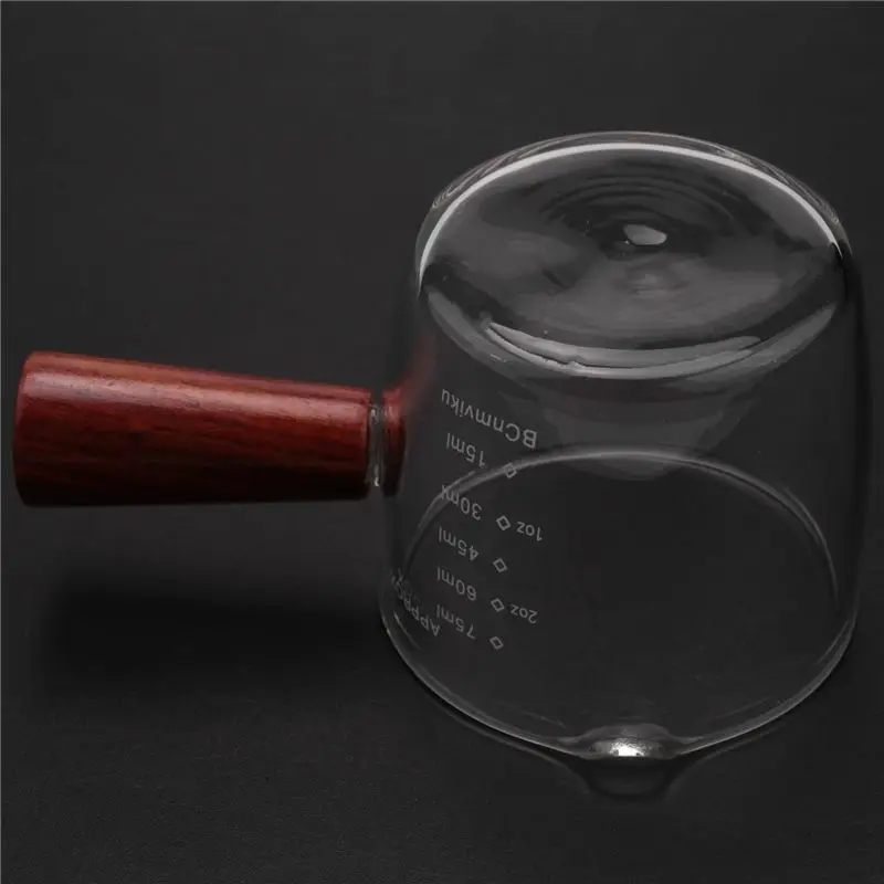 Glass Measuring Cup Espresso Shot Glass 75ML Triple Pitcher Single Spouts with Wood Handle &LICG