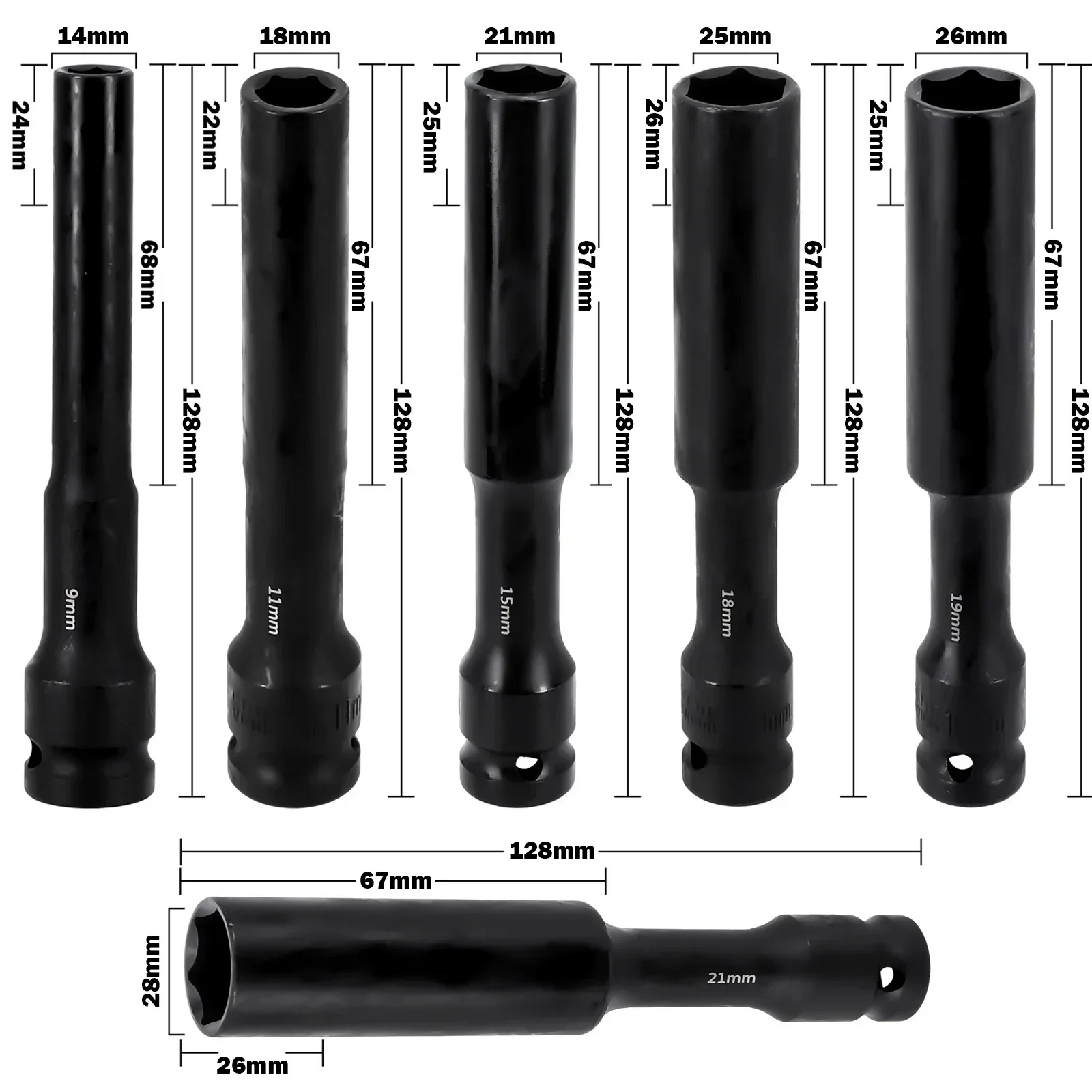 128mm Deep Impact Socket 1/2'' Drive Hub Nuts Flywheel Hexagon Wrench Hex Socket Head 7-24mm Adapter Spanner Converter