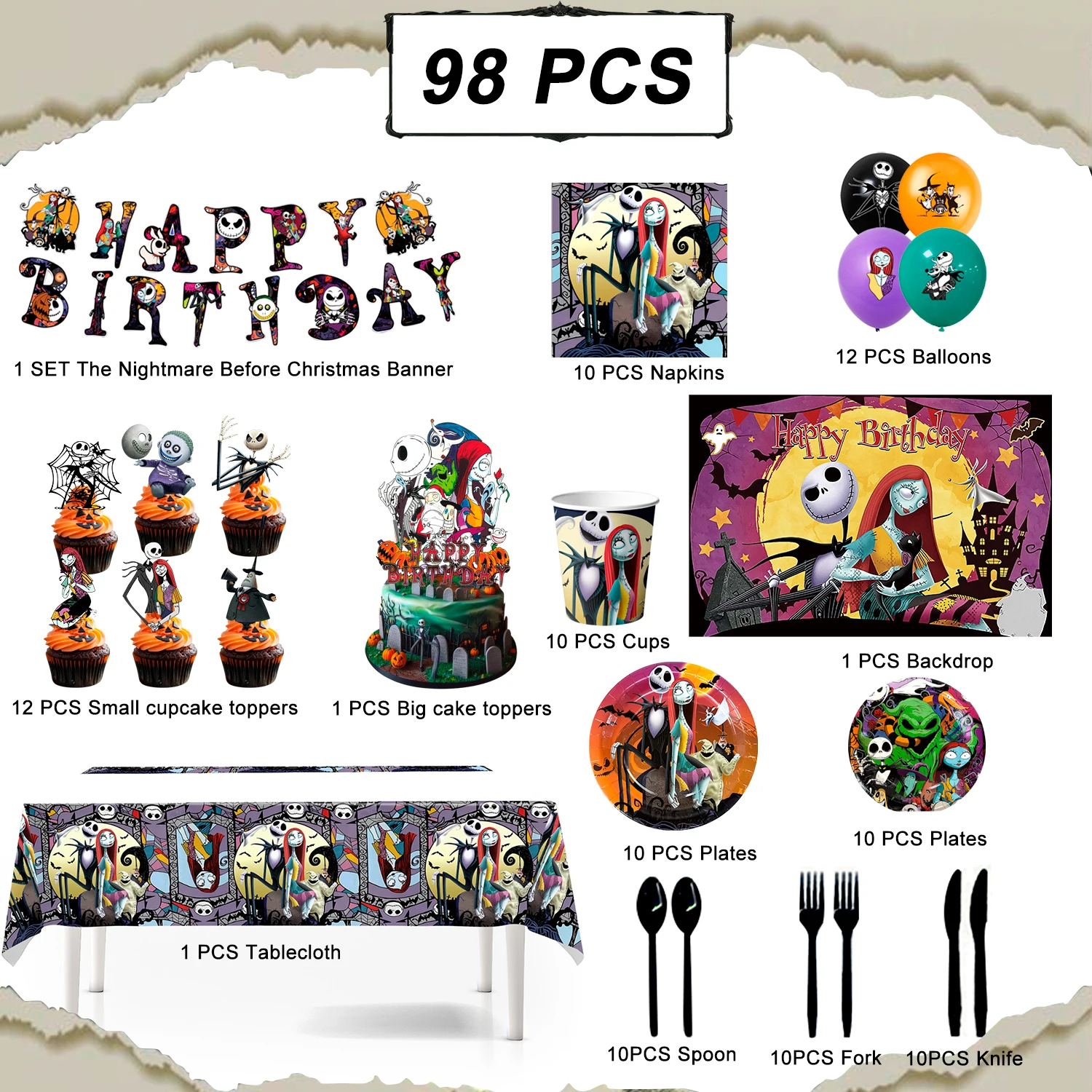 98 Uds. Decoración de fiesta de cumpleaños de pesadilla antes de Navidad y vajilla, platos navideños, tazas, globos, pancarta, telón de fondo, etc.