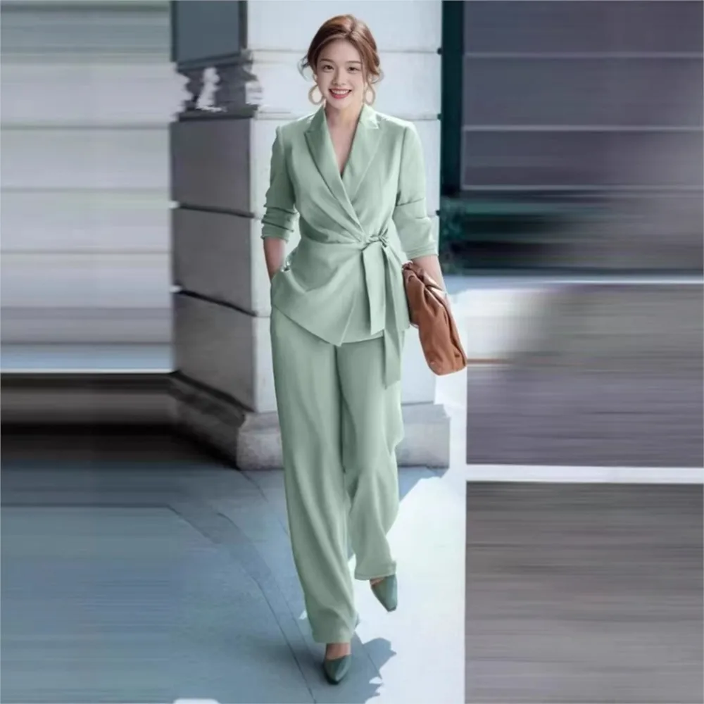 

New Autumn-winter Elegant Women's Office Suit 2 Piece Set Fitted With Waist Cinching Lacing Elegant Wide-leg Trousers Set Female
