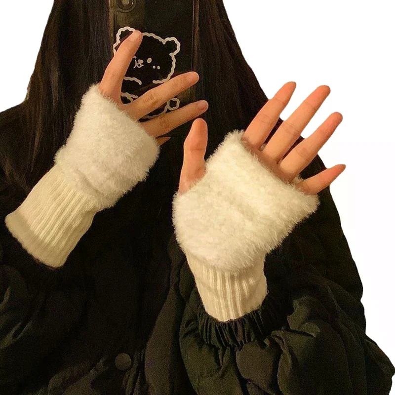 

Норковые флисовые мягкие зимние теплые перчатки с половиной пальца для женщин, однотонные плюшевые вязаные перчатки без пальцев, варежки на запястье для письма