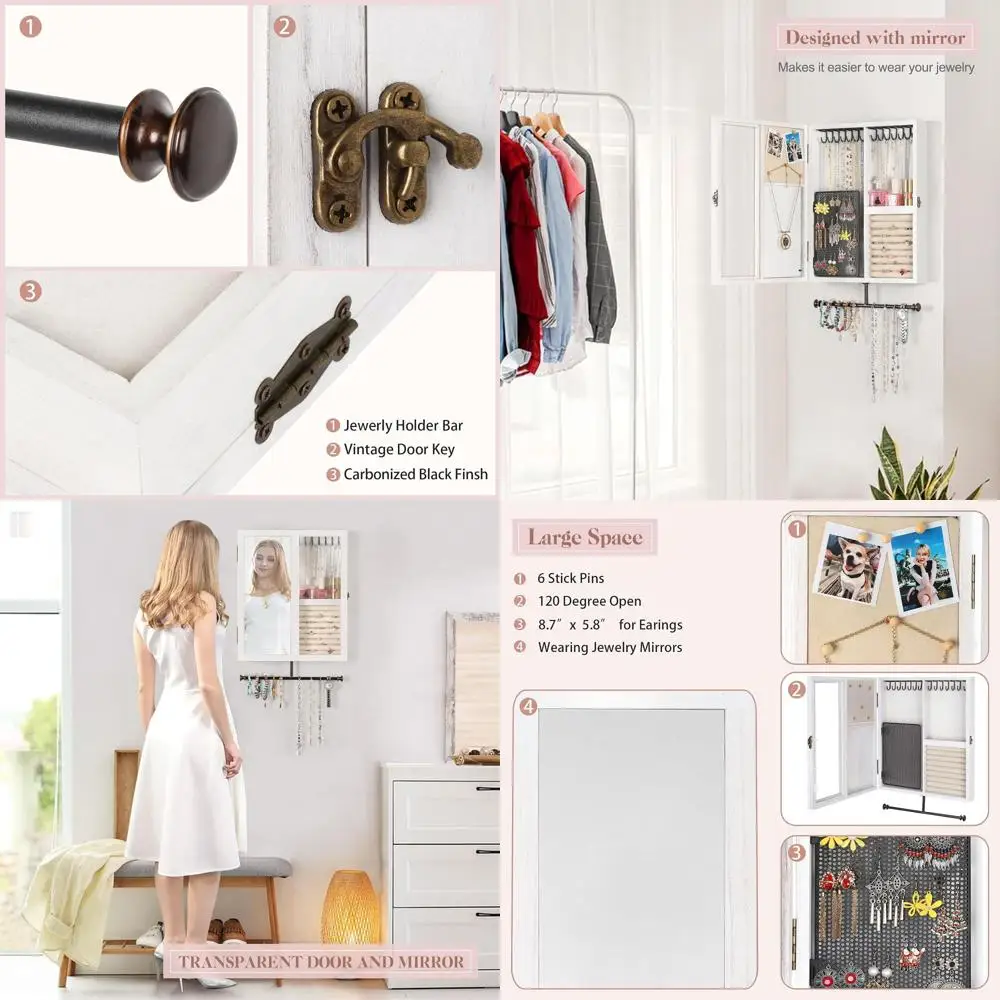 Rustikaler Wandschrank aus Holz mit Spiegel zur großen Schmuckaufbewahrung: Halsketten, Ohrringe, Armbänder, Ringe – Weiß