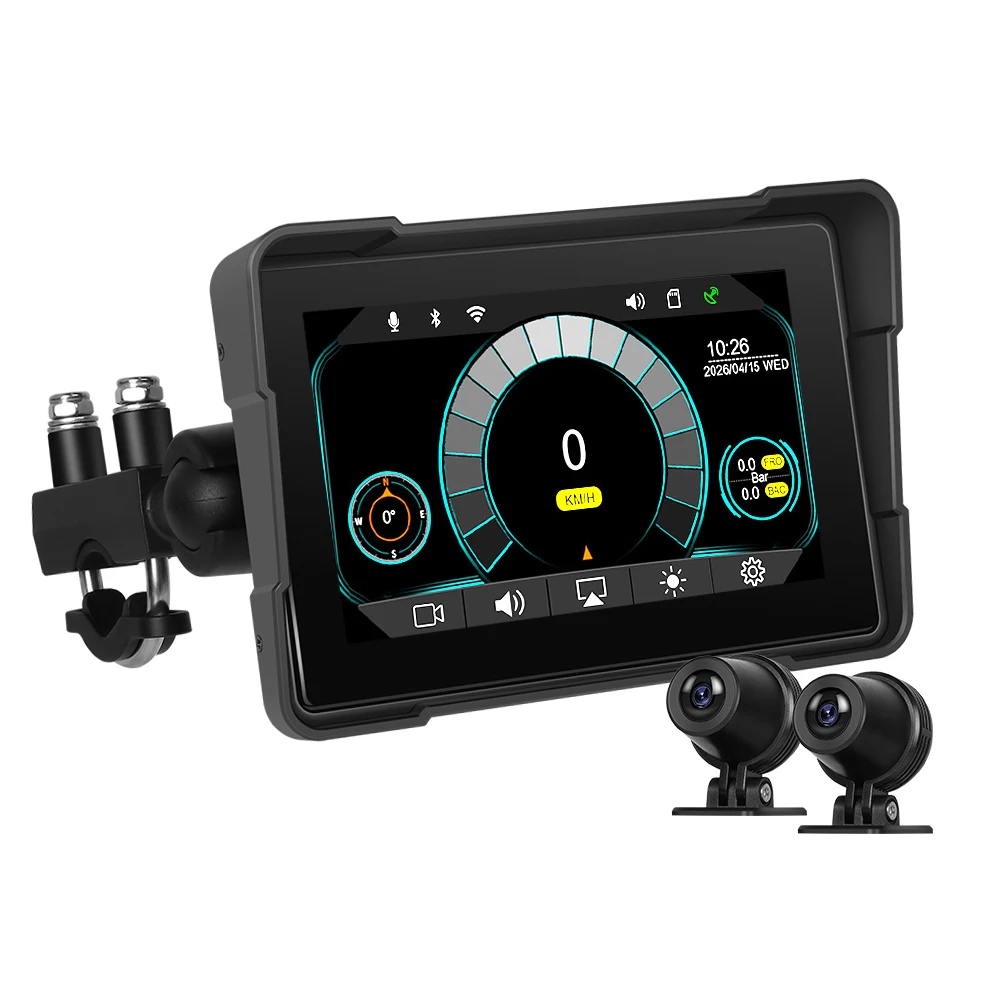Podofo 5-Zoll Tragbarer Motorrad-Smart-Player Kabelloses Carplay Android Auto Digitale Motorrad-Navigation IP68 Wasserdicht mit 2 Kameras Unterstützt TPMS Lenkradsteuerung SD-Karte